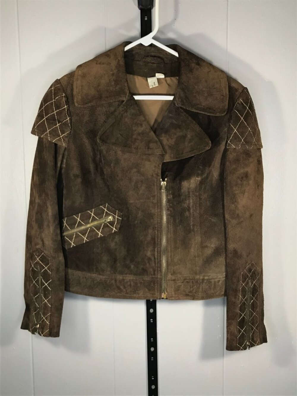 Vintage 90s Women’s Leather Suede Jacket Brown Biker Cross stitch sz Md 7/8